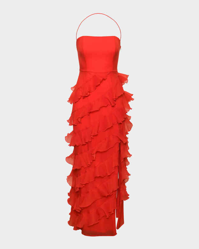 Lou Square-Neck Ruffle Column Gown